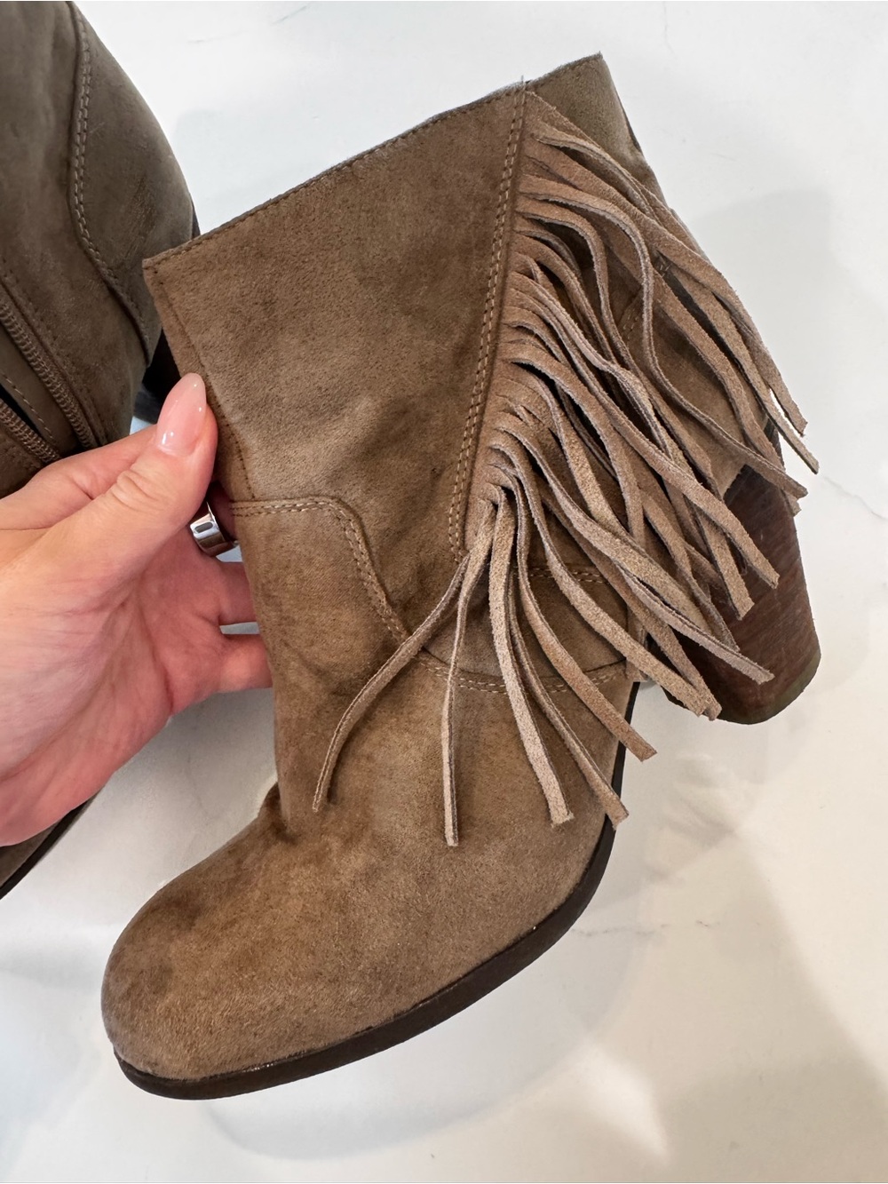Madden Girl Fringe Suede Ankle Boots - Taupe